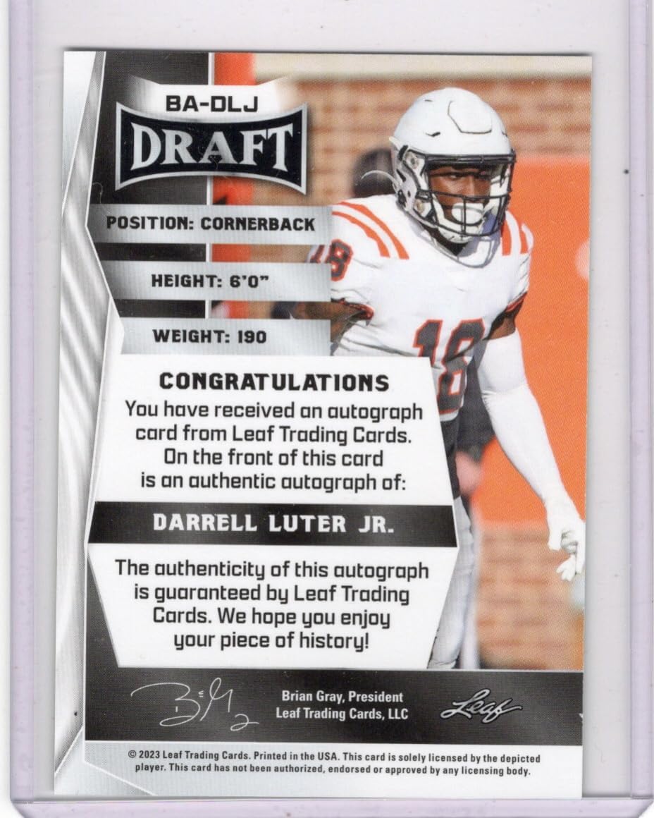 Darrell Luter Jr. Autographed Rookie Card Collectible Football Card - 2023 Leaf Draft Football Card #BA-DLJ (49ers)