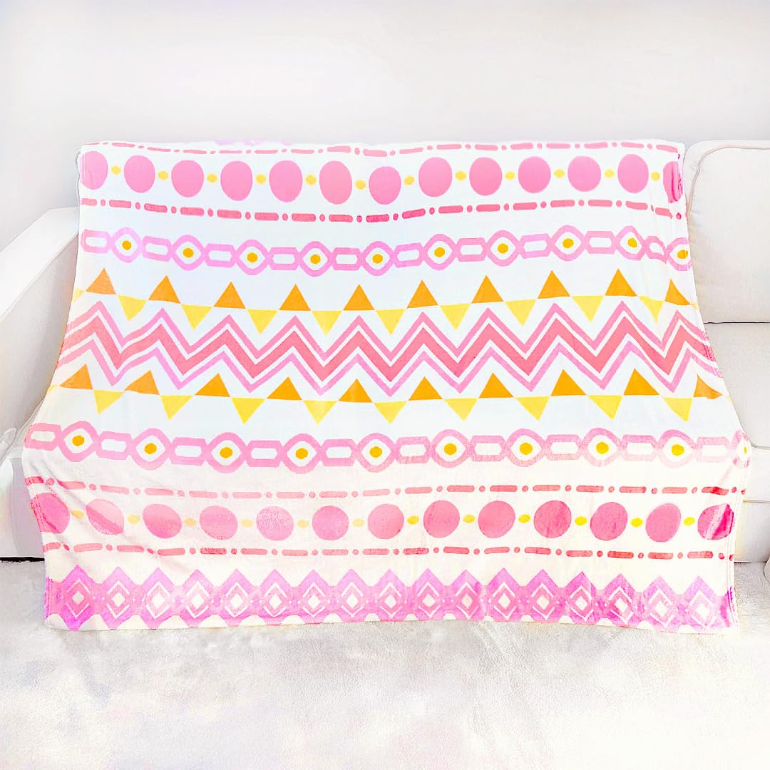 Couverture douce au motif géométrique beige rose et jaune pour lit
