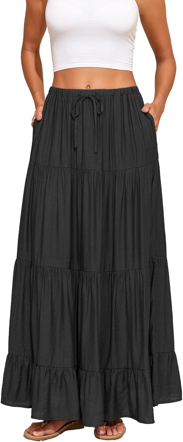 Capuffy Women Summer Boho Flowy Swing Maxi Skirt Tiered A-Line Skirts Elastic Waist Ruffles Pleated Beach Skirt with Pockets