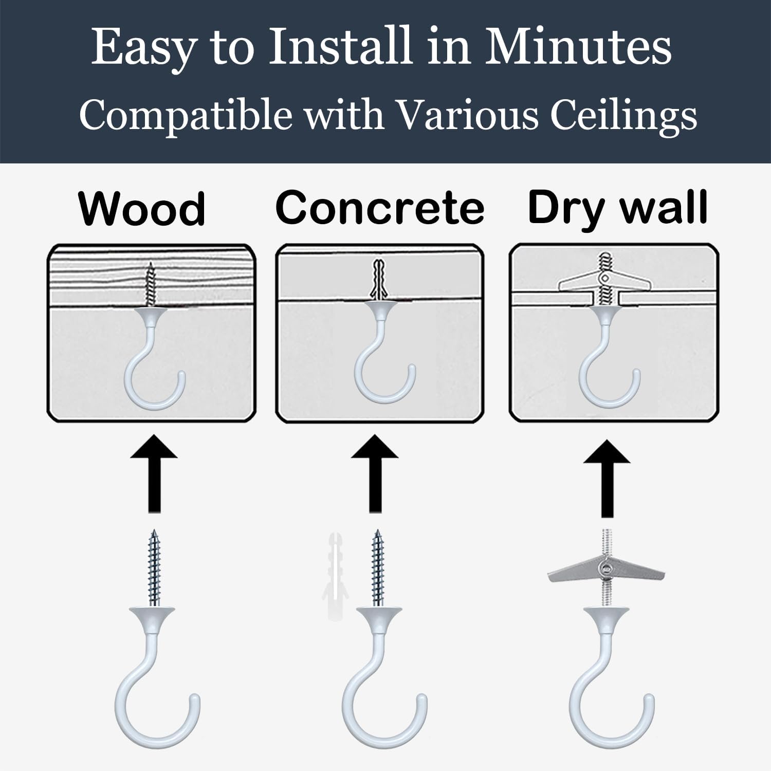8 Sets Heavy Duty Swag Ceiling Hooks with Hardware for Hanging Plants, Cavity Wall Fixing, Easy Installation, Holds Up to 30lbs, Ideal for Home & Garden (8 Sets, White)