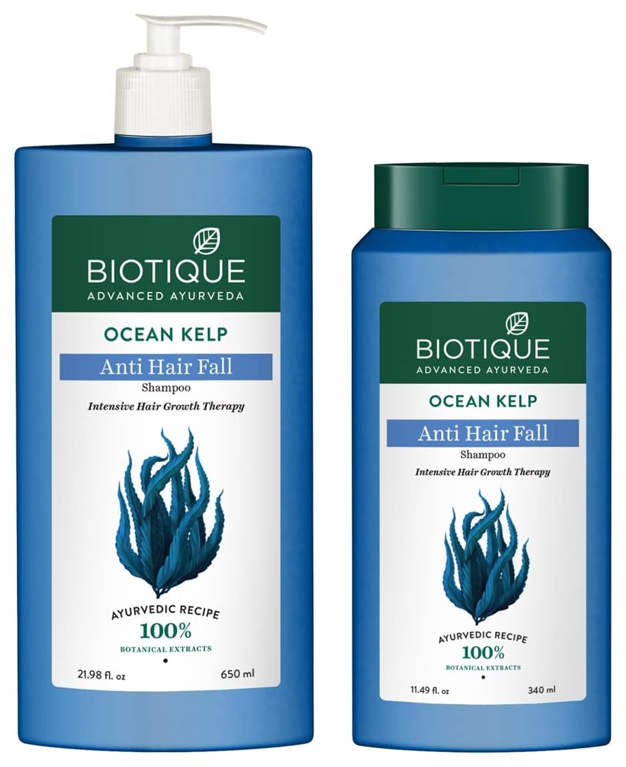 Biotique Bio Kelp Protein Shampoo for Falling Hair Intensive Hair Regrowth Treatment, 340ml & 650ml, Mint & Peppermint Scent, Green Transparent Foam, Unisex, All Hair Types