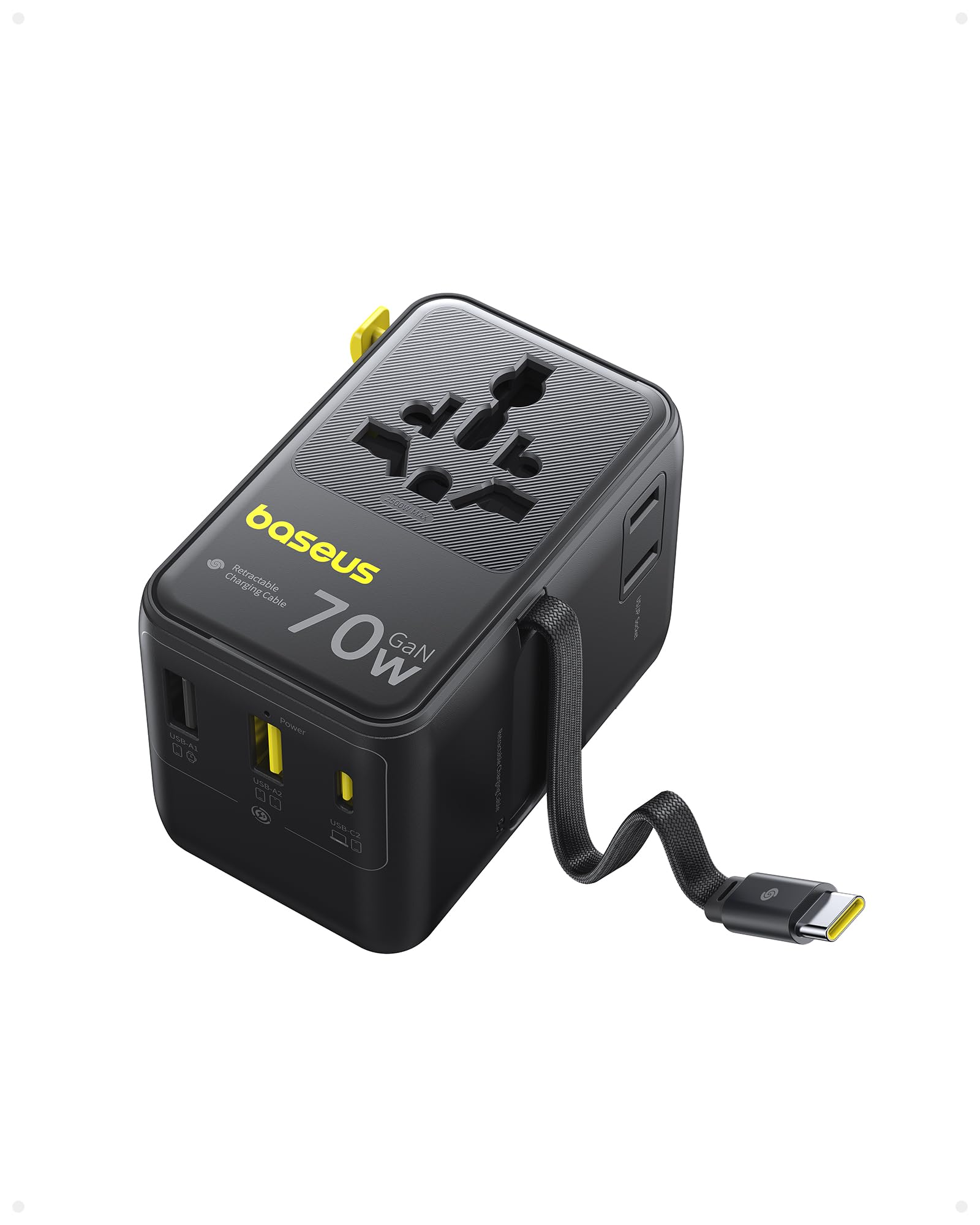 Baseus Enercore 70 W adapter podróżny na całym świecie z wysuwanym kablem, uniwersalna wtyczka podróżna z 2 AC+2 USB A+USB C, międzynarodowy adapter gniazdka, do USA, Anglii, Japonii, Tajlandii
