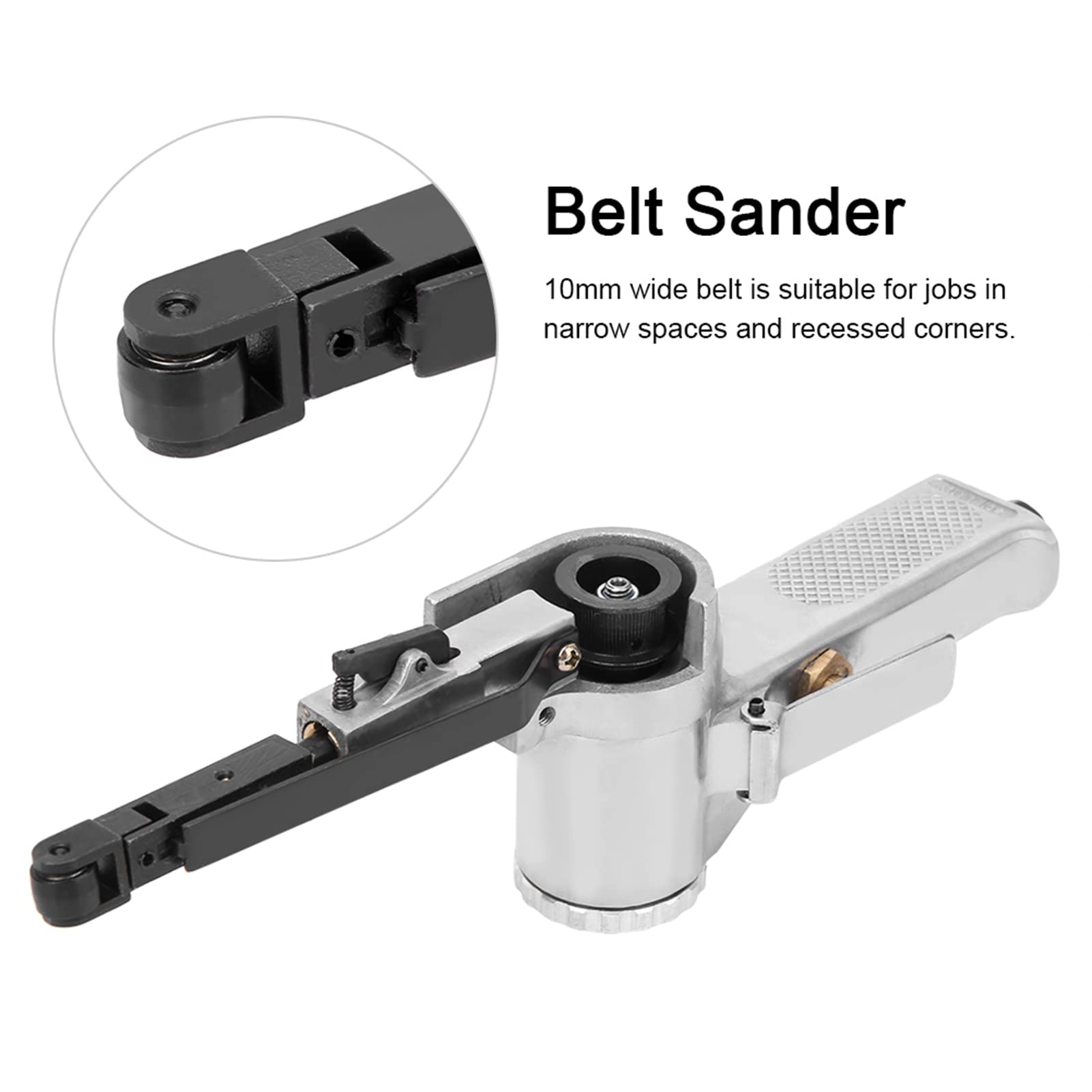 FLEXMAN 10mm Air Belt Sander, 11.8 X 3.5 X 2.2in Pneumatic Handheld Angle Grinder Tool for Trimming Aluminum Casting Products, Wood, Glass, Steel Metal Products