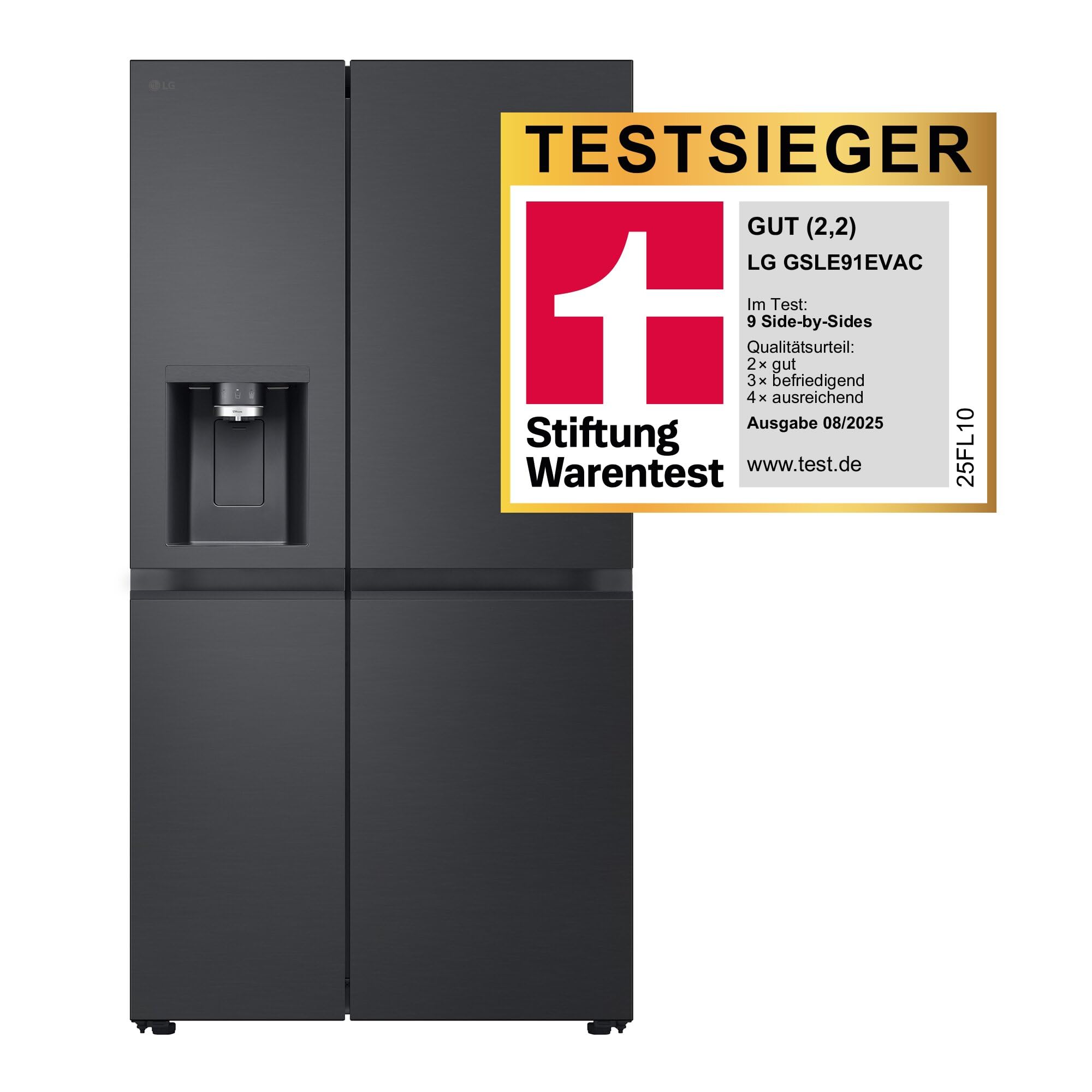 LG GSLE91EVAC Side by Side Kühlschrank, Klasse C, 628 L, Multi-Door Kühlschrank mit Gefrierfach, Eis-, Crushed Ice- Wasserspender mit UVnano, Total NoFrost, Smart Inverter Kompressor, Wi-Fi