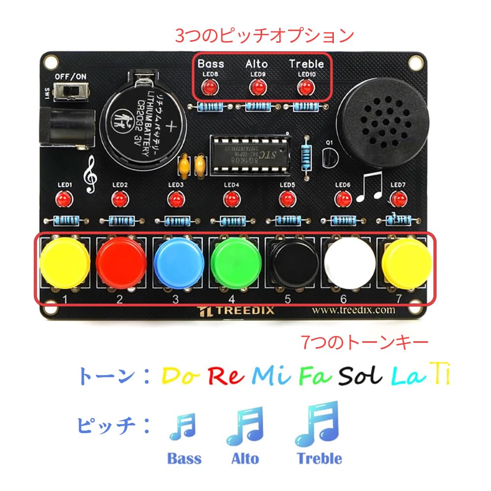 Assembled Treedix Soldering Practice Piano Kit with labels for pitch options and keys.