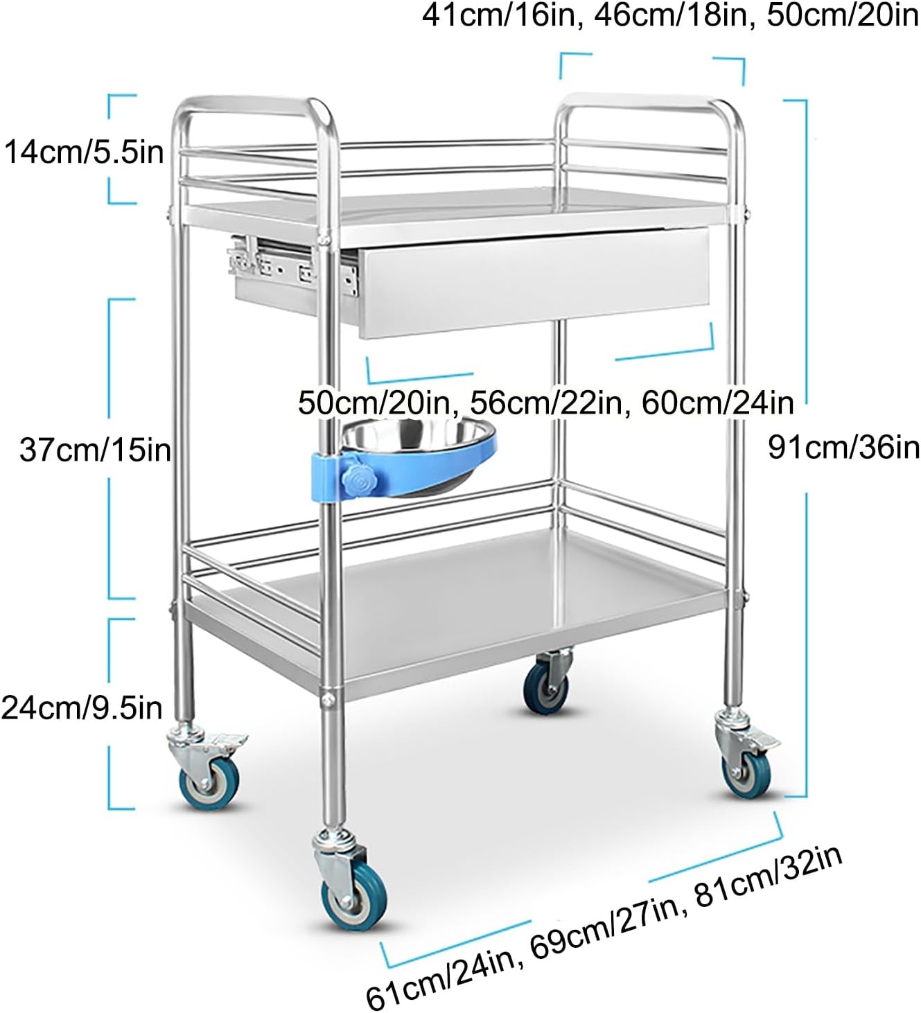 Medical Cart, 2-Shelf lab cart Stainless Steel, with One Drawers, Commercial Wheel Dental Lab Cart, for Laboratory Hospital Dental Office Spas Beauty Salons (One Color 81*50*91 cm/32*20*36 in)