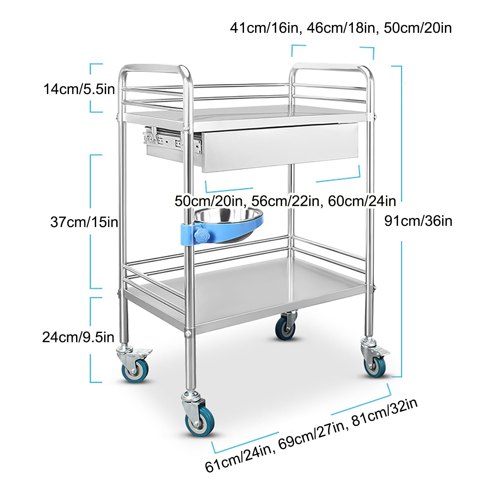 Carrito médico, carrito de laboratorio de acero inoxidable con 2 estantes y cajón, carrito móvil versátil para atención médica, oficina, spa y uso de belleza