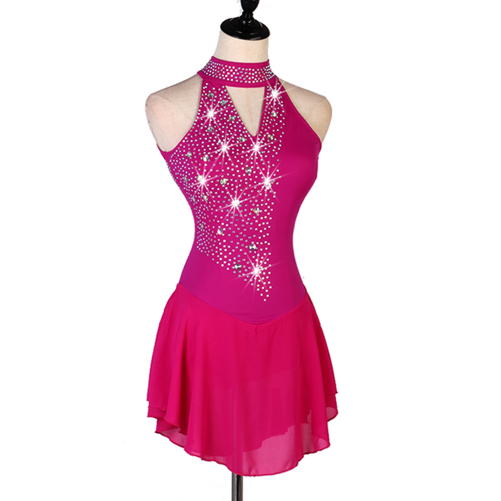 Vestido de Patinaje artístico, Traje de competición cómodo de Malla de Diamantes de imitación, Leotardo de Danza de Ballet lírico y Gimnasia, Vestido de Patinaje sobre Hielo (Rosered XL)
