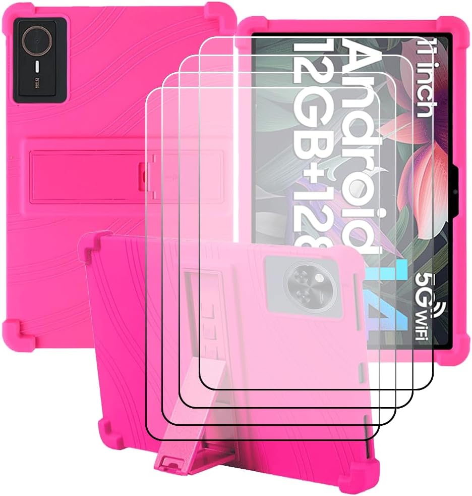 Compatible for BNCF Bpad Mini AD8Z 8.4 Inch Tablet Case + 4 Pcs Screen Protector Tempered Glass Film, Soft Silicone Full Coverage Adjustable Stand Protective Tablet Cover, Rose