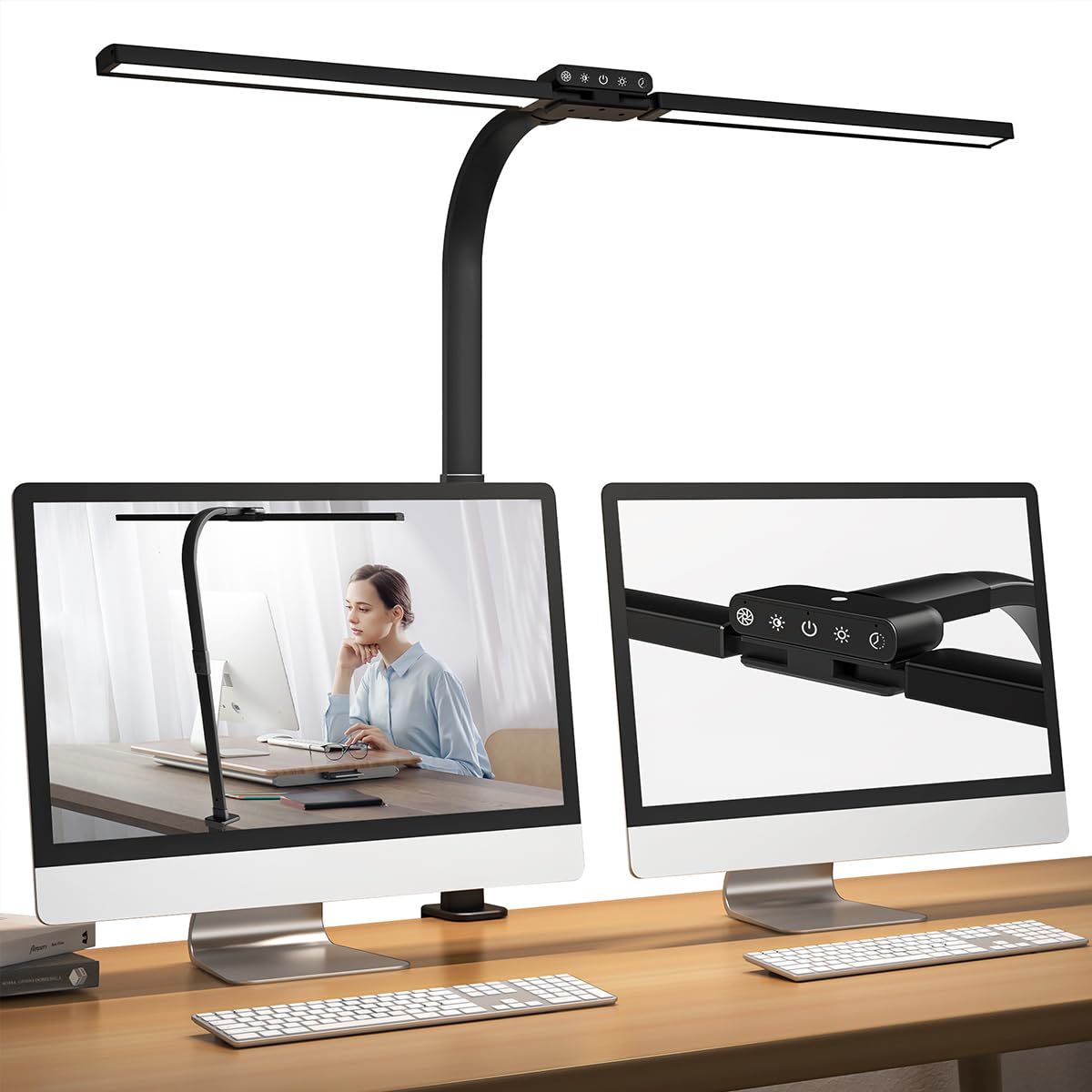 Hapfish Lampara escritorio pinza, 77cm 24W flexo LED escritorio con doble barra de luz, potente lámpara monitor con sensor de luz, para mesa, estudiar, estudio, oficina, trabajo, ordenador pantalla