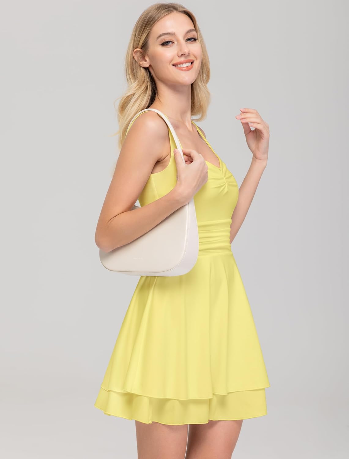 IWD Women's Square Neck Sleeveless Mini Dress Ruched Waist Tiered Ruffle Hem A Line Short Dresses - Image 3