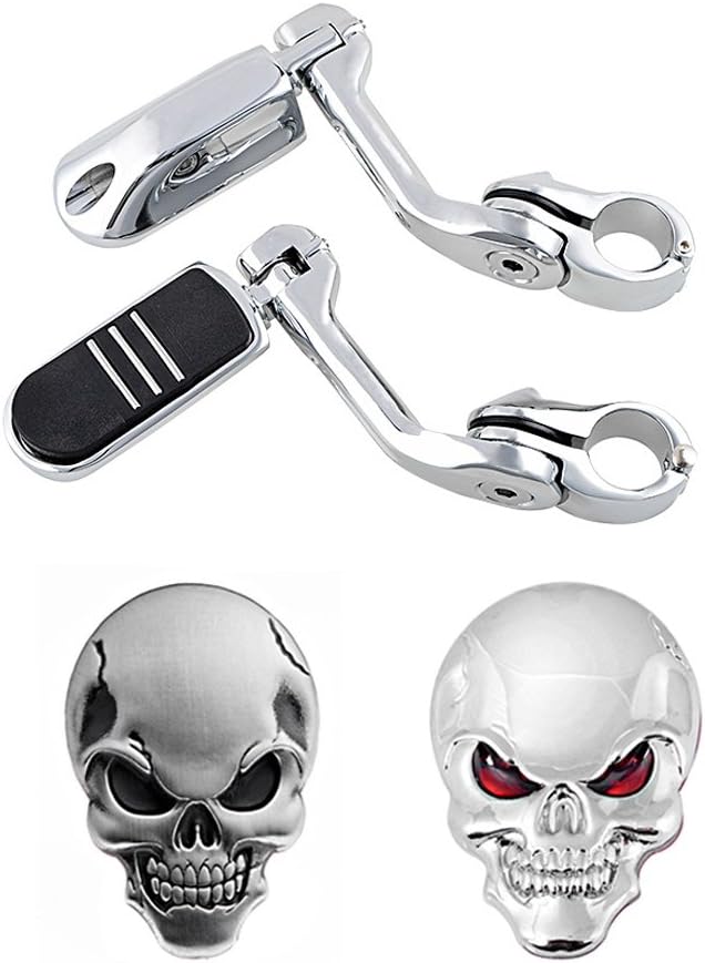 Pair 1.25" 32mm Highway Long Angled Mount & Streamliner Foot Pegs Kit + 2pcs 3D Metal Skull Sticker (1X Red Eye + 1X Black Eyes) Compatible with Harley Touring