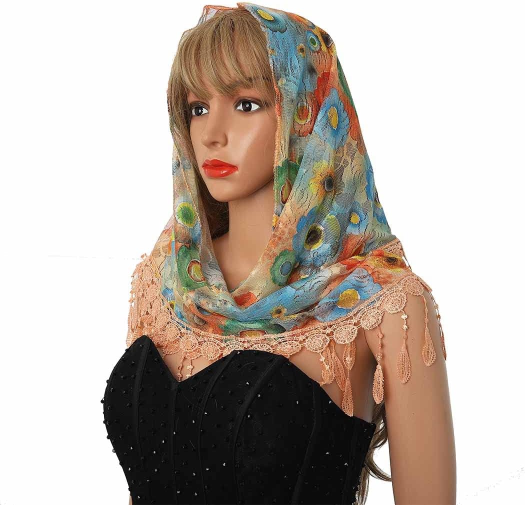 Lace Floral Church Veils Wedding Triangle Tulle Head Covering Tassel Mass Wrap Chapel Mantilla Veil for Women - Image 3