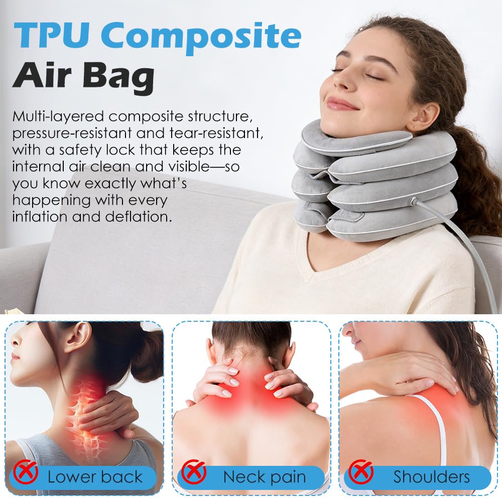 Étireur cervical gonflable, Soutien du cou avec conception d'étirement à 3 niveaux et support mentonnier, Oreiller cervical gonflable, Minerve pour le soulagement des douleurs chroniques (Gris clair)