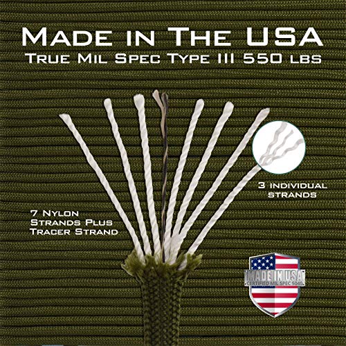 Extremus True Mil Spec 5040 Paracord, Made In The Usa, Military Grade 550 Lbs Breaking Strength, 7 Twisted Nylon Strands Plus Tracer Strand, Uv Resistant, Color Fast, Camo Green, 25 Feet #TOP2