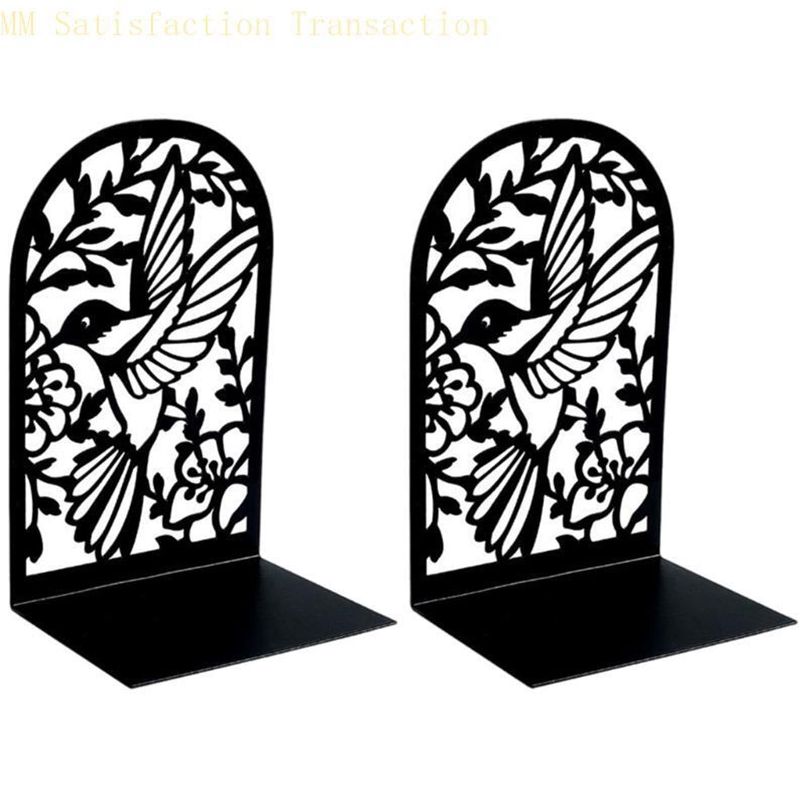 Bookends 1Pair Metal Book End For Shelves Hollowed Bird Flower Bookend Slip Resistant Stopper Office Library(Black)