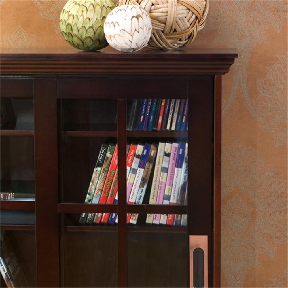 Pemberly Row Sliding-Door Media Cabinet, Window-Pane Tempered Glass, Engineered Wood with Birch Veneer, Brown Finish, Adjustable Shelves, 48.75"H x 31.75"W x 9.25"D, Elegant Storage for Living Room