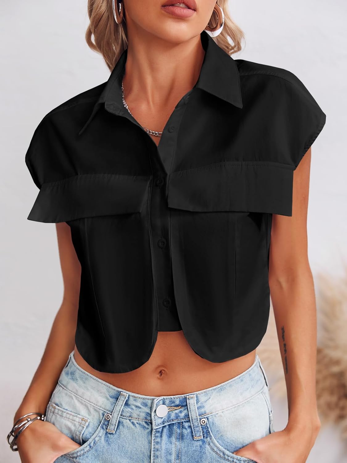 Tankaneo Womens Button Down Shirts Cute Summer Cap Sleeve Crop Tops Blouse - Image 2