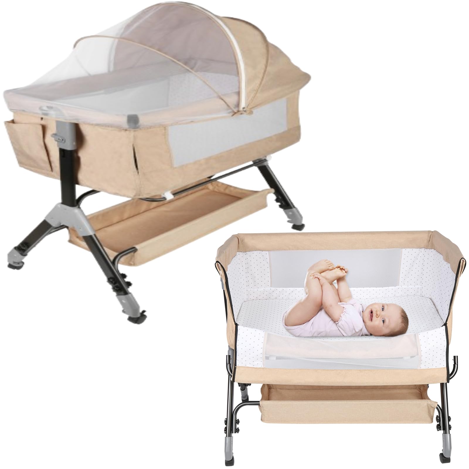 Lit Cododo Bebe avec Roues,Berceau Bébé Evolutif,Côté Repliable,4 Niveaux de Réglage de La Hauteur,Facile à Assembler,Equipé de Moustiquaire (Blanc cassé, 103-115cm quatrième Vitesse)
