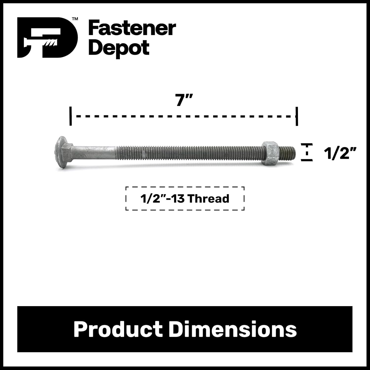 1/2"-13 x 7 (25 Pack) Galvanized Carriage Bolt Kit Grade 307A, Includes 1/2"-13 Hex Nuts (25 pcs), Hot Dip Galvanized for Exterior Use by Fastener Depot