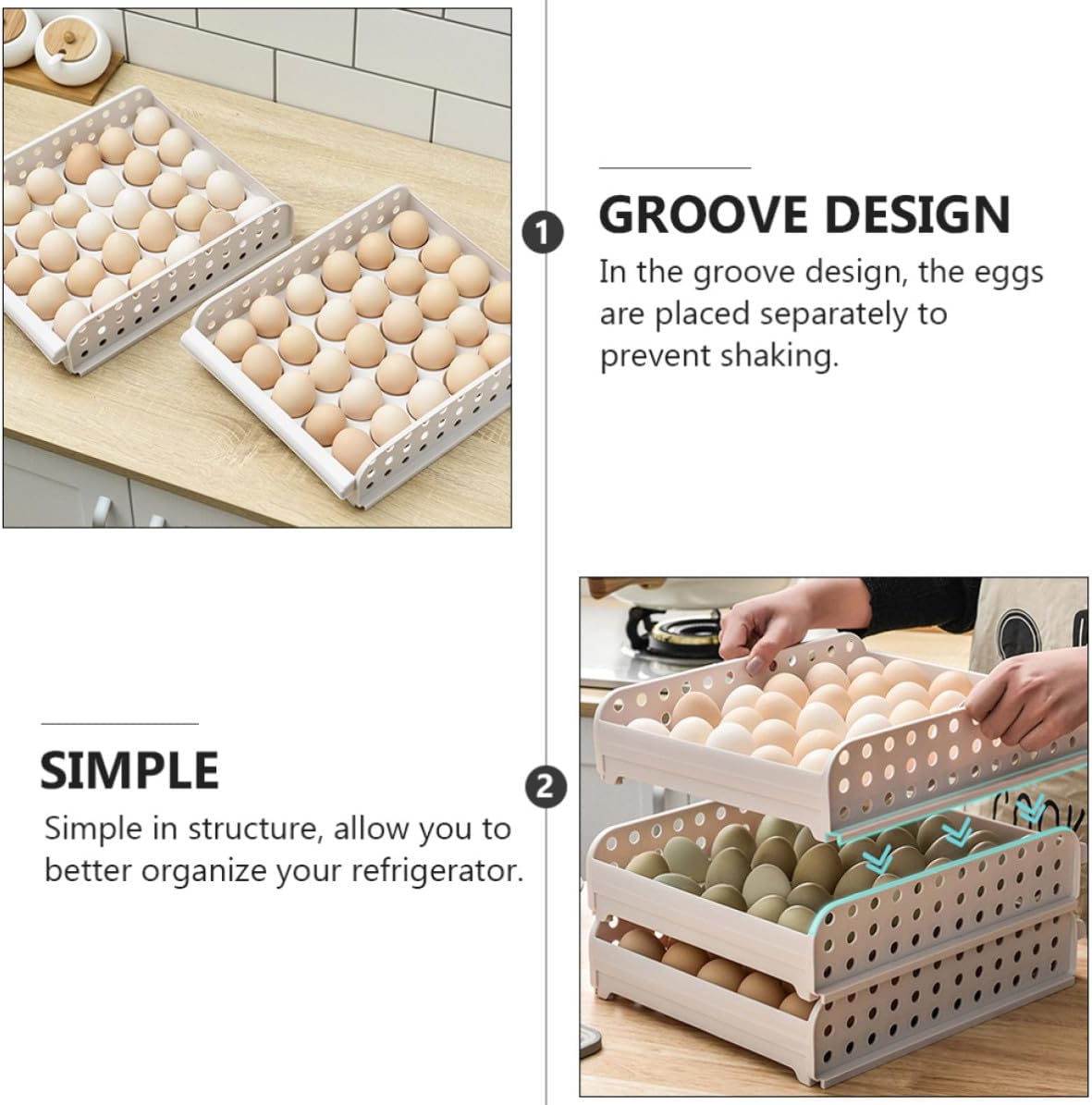 LIFKOME Practical Double Egg Storage Box for Refrigerator with Stable Base and Groove Design, White Plastic Kitchen Organizer Suitable for Restaurants and Dining Rooms