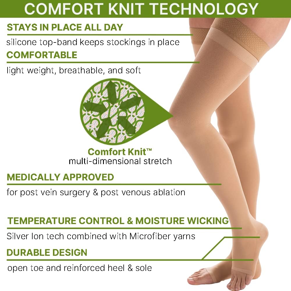 Carolon - COUTURE - Thigh High Graduated Compression Stocking for Circulation 15-20mmHg Support, Open Toe - Reg Leng - 1 Pair