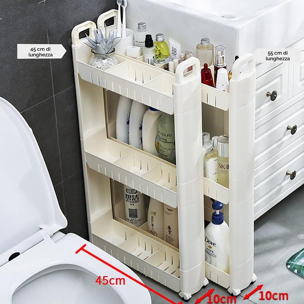 Carrello di Stoccaggio 3-Livello, 10cm Carrello Portaoggetti Scaffale con Ruote, Carrellino Salvaspazio per Cucina Bagno Lavanderia Sedili Stretti, Bianco (Size : 3 Layers - Heighten)