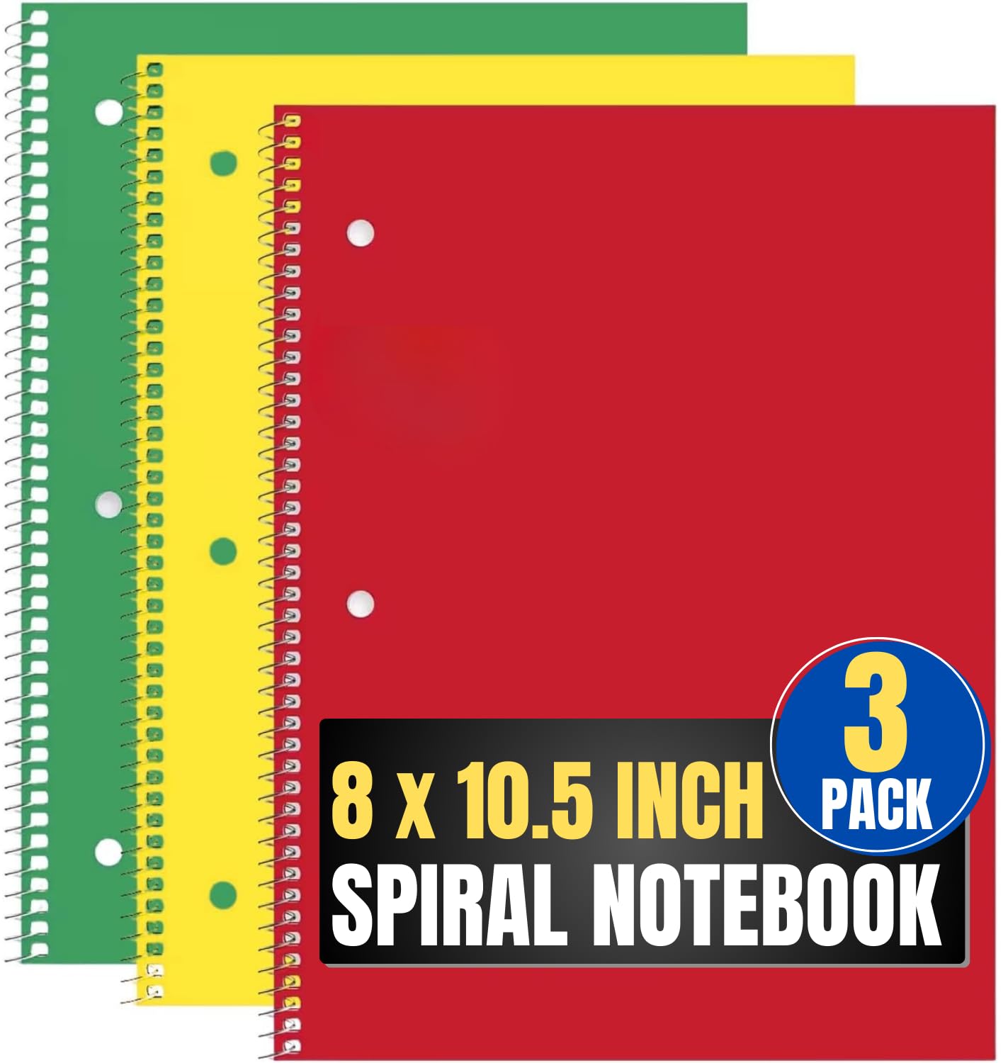 1InTheOffice 3 Subject Spiral Notebook, Wide Ruled Spiral Notebook, 8" x 10,5". 3-Hole Punched, 120 Sheets, Assorted Colors, 3 Pack