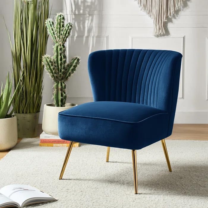Image of Modern Upholstered Accent Velvet Chair Single Seater Channel Tufted Wing Back Chair with Golden Matel Legs for Living Room, Bedroom, Dining Room, Navy Blue