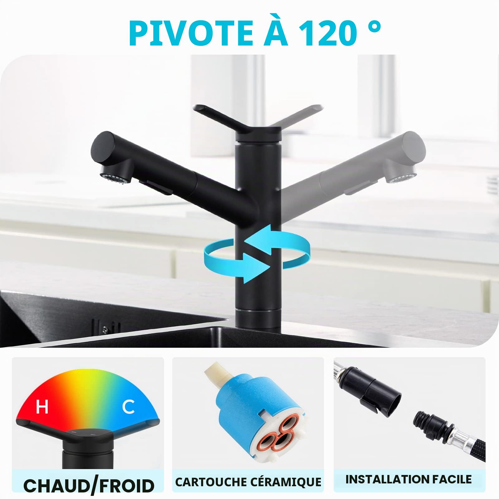 CREA Robinets de bar de cuisine, robinet d'évier de cuisine noir, pulvérisateur extractible utilitaire, petite barre humide, trou de poignée unique, évier commercial moderne pour camping-car, robinet