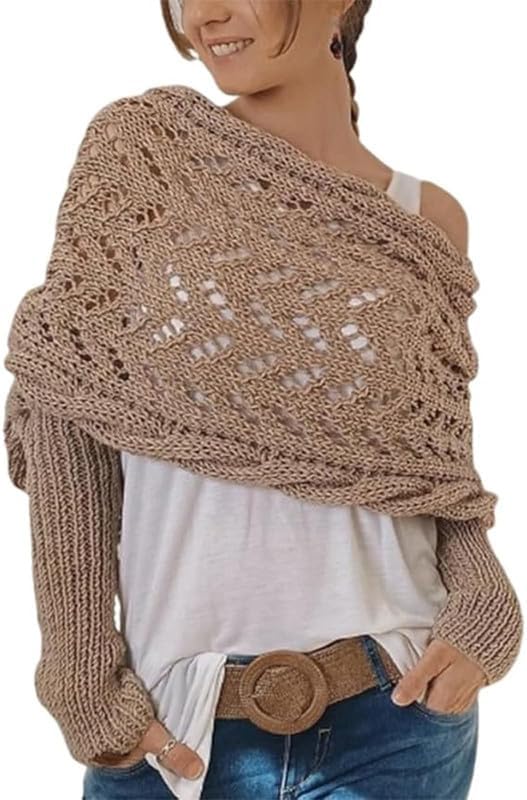 Scarf with Sleeves for Women, Knitted Cable Wrap, Multifunctional Knitted Crochet Cocoon Shrug with Sleeves