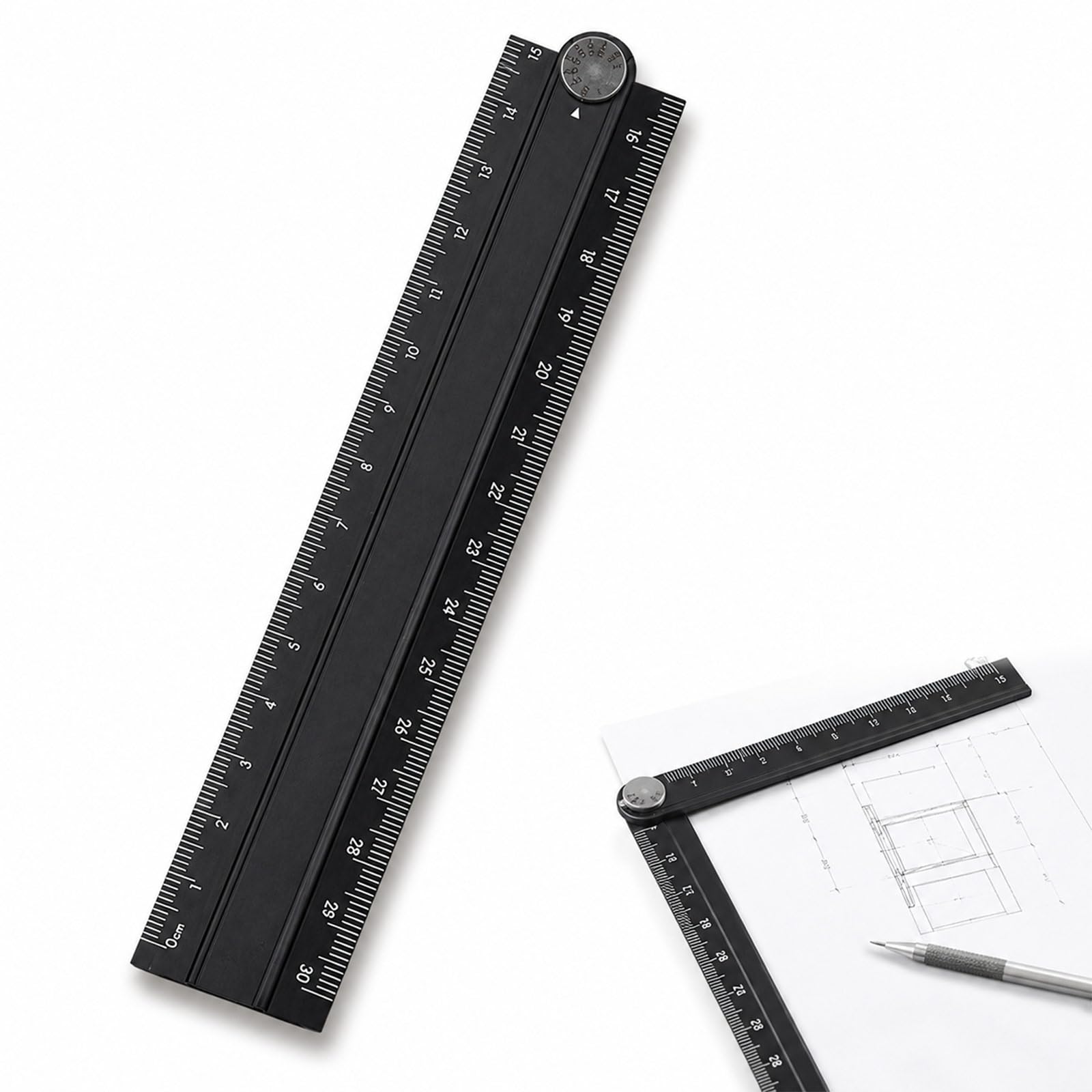 ZenithQuest 30cm (0-300mm) Folding Metal Ruler, 90 Degree L-Square Angle Measure, Black Precision Foldable Ruler for Glass Making, Engineering, Office & School