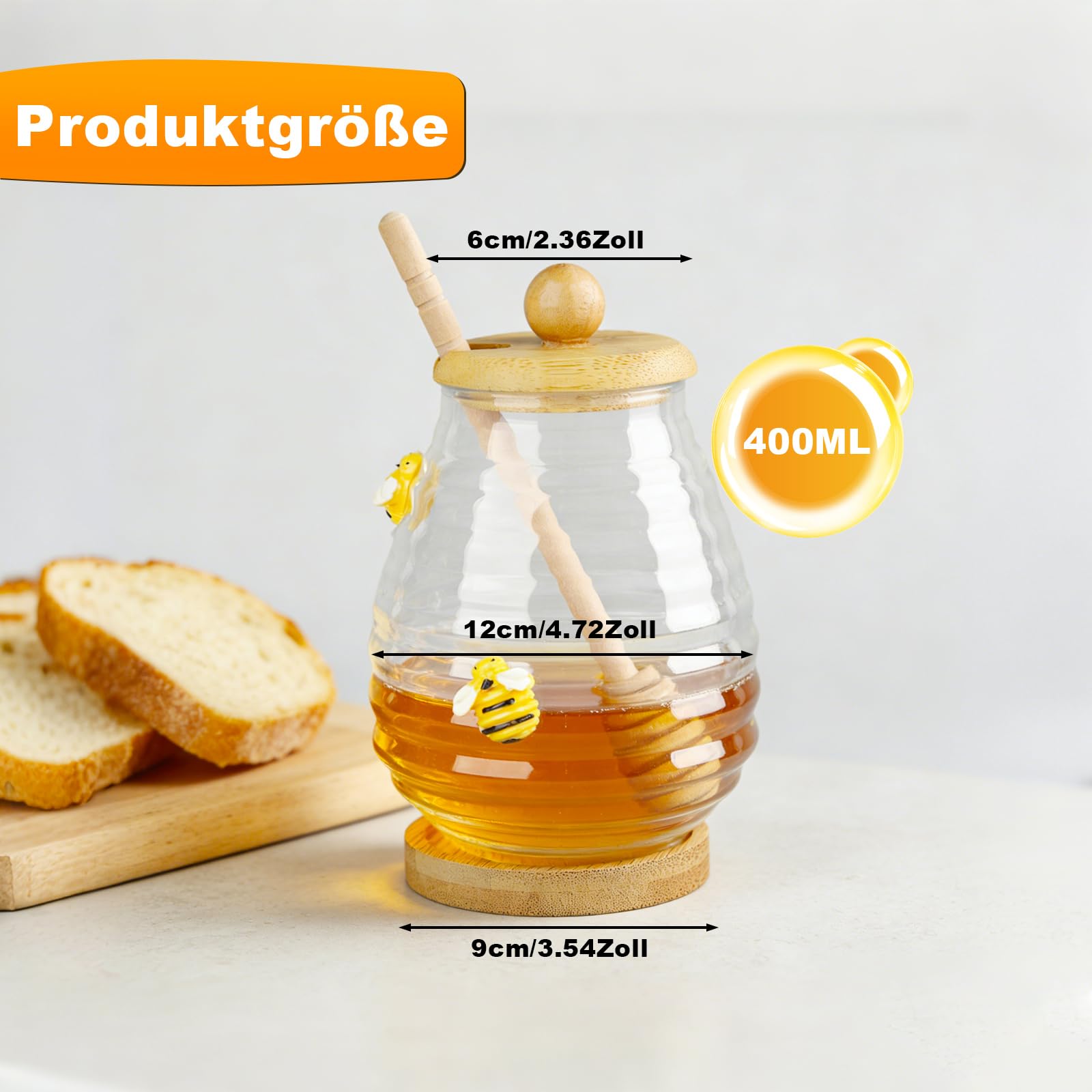 BestYiJo 3 dispenser per miele, 400 ml, trasparenti, con mestolo e coperchio, barattoli per miele con coperchio, barattolo per miele con cucchiaio per miele, sciroppo, alveare, cucina