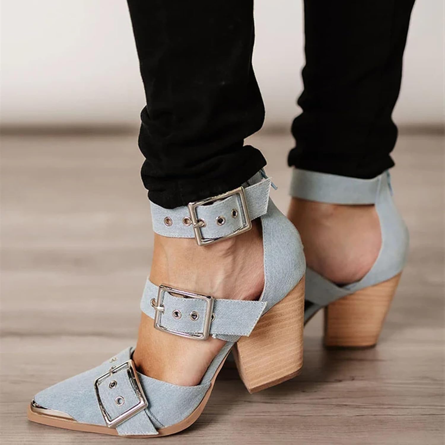 Women's Pointed Toe Pumps Chunky Wedge Heels Ankle Strap Western Sandals Metal Buckle Comfortable Fashion Casual Dress Shoes