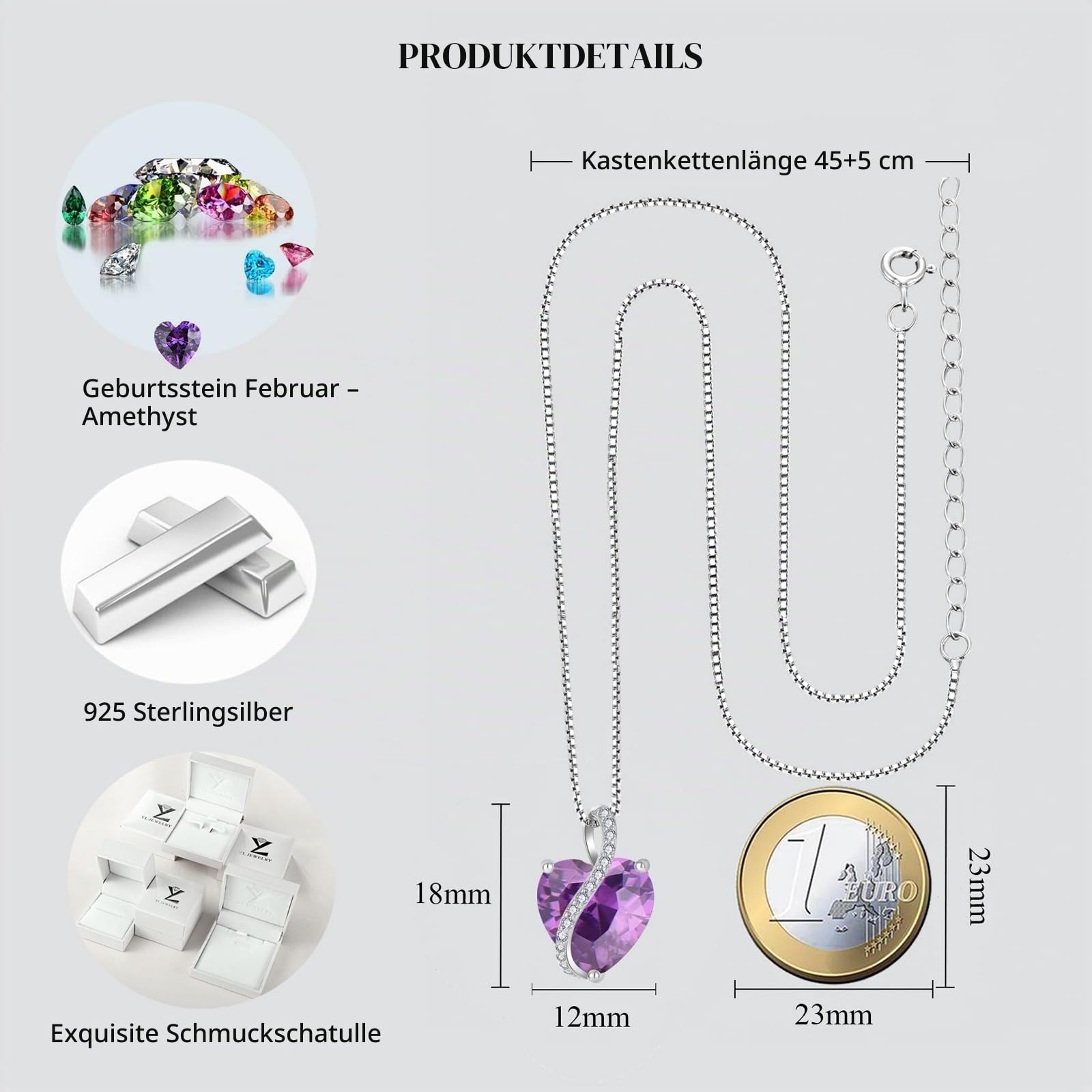 YL Damen Herz Halskette 925 Sterling Silber Anhänger 12 Geburtsstein Zirkonia Kette Schmuck Geschenke für Mutter ihre Frau Freundin