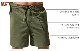 RQP Mens Cotton Linen Shorts Casual Drawstring 7inch Inseam Shorts Stretch Summer Beach Wear