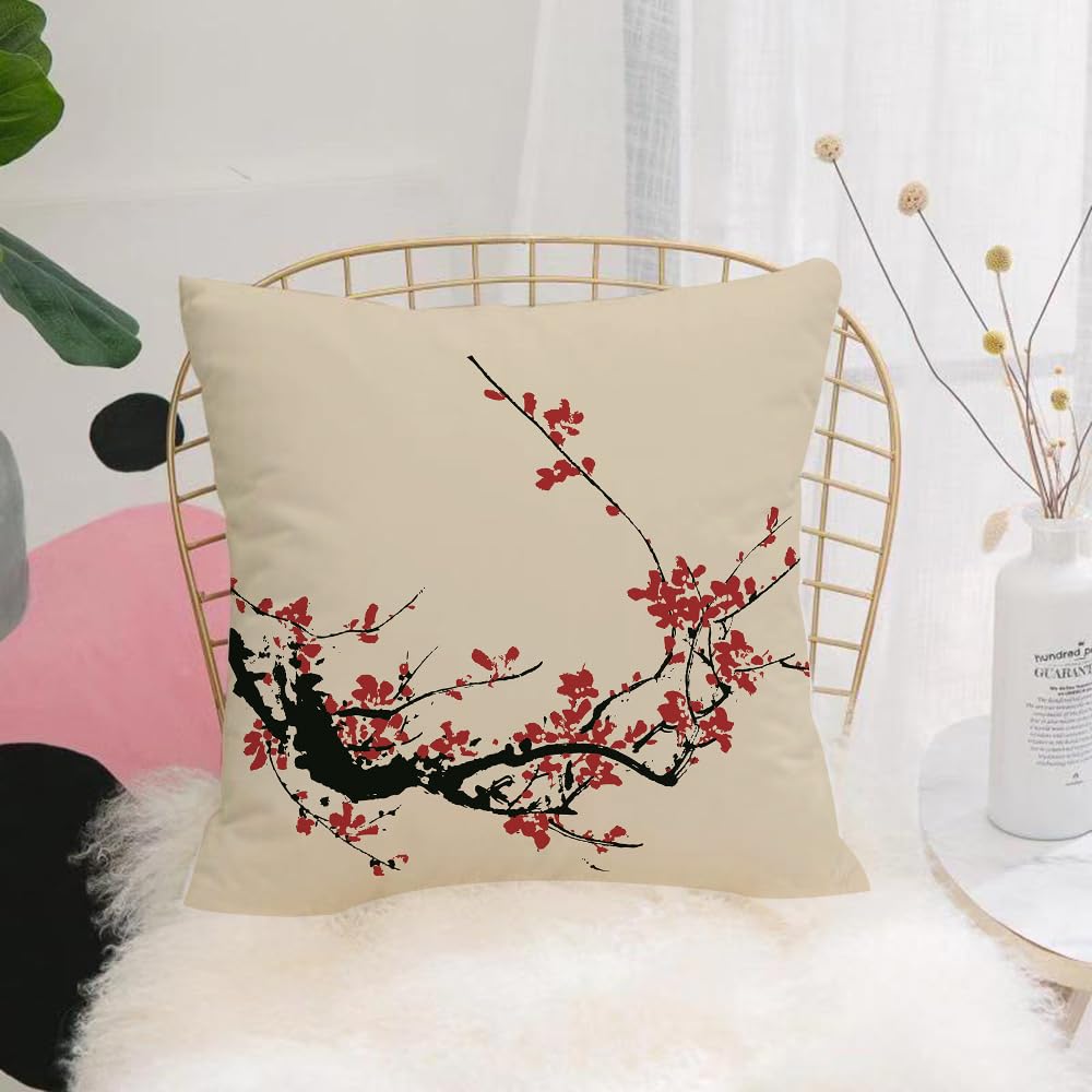 HYOSXW Cushion Cover,Throw Pillow Case Home Decorative for Living Room Bedroom Sofa Chair 16X16 Inch,Art, Elegance Cherry Blossoms Sakura Tree Branches Ink Painting Stylized Japane,Pillowcase 40X40cm