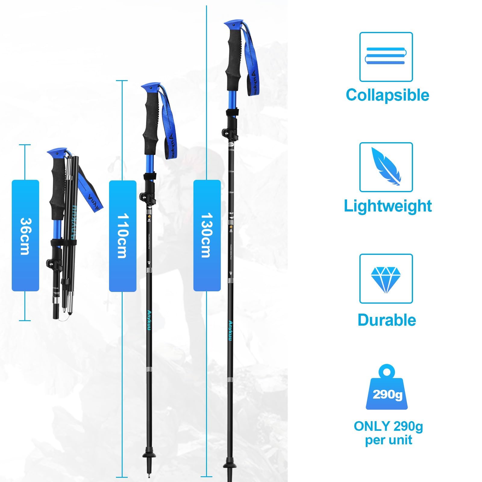 Anykuu Bastoni Trekking Bastoncini da Trekking 2 Pezzi Pieghevoli 110-130cm, Bastone da Trekking in 7075 Alluminio, Nordic Walking Bastoncini con manico in Eva per Montagna Escursioni e Sci