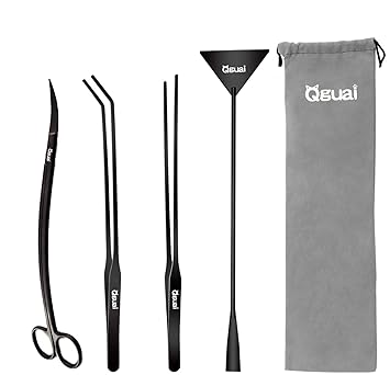 Qguai 5 in 1 Aquascaping Tools Anti-Rust Planted Aquarium Tools, Long Aquarium Tweezers Scissors Spatula Algae Scraper Set, Stainless Steel Feeding Tongs Fish Tank Starter Kit Bonsai Tools