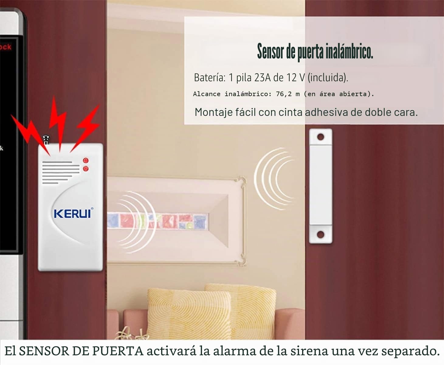 KERUI Alarmas para Casa,125dB Ring Alarm Kits de Seguridad con 1 Sirena, 2 Sensor Puerta,2 Mandos A Distancia,1 Sensores de Movimiento, Alarma Sin Cuotas Trabajo con Garaje, Casa