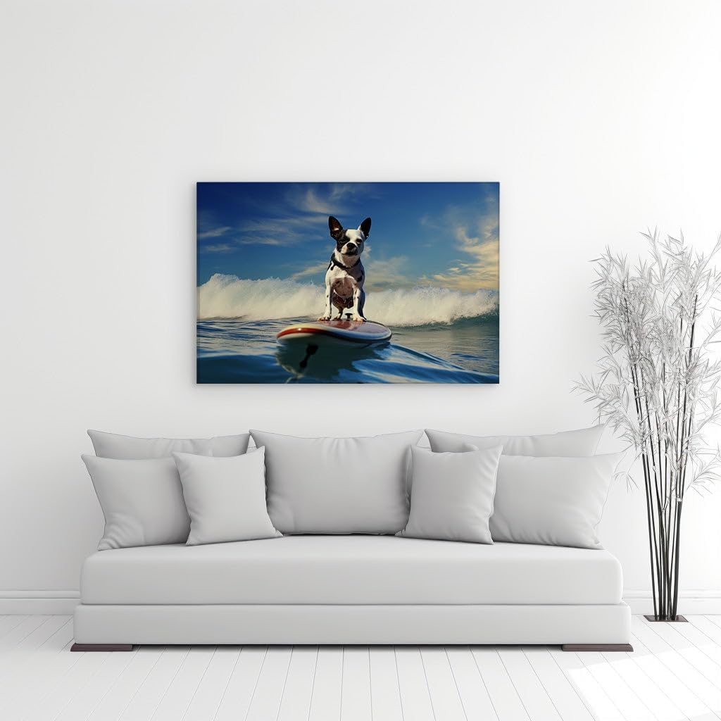 Canvas for Living room. Riding the Waves with Confidence: A Small Dog's Surfing Adventure, 27 x 18 inch Canvas Wall Art - Nature Home Decor