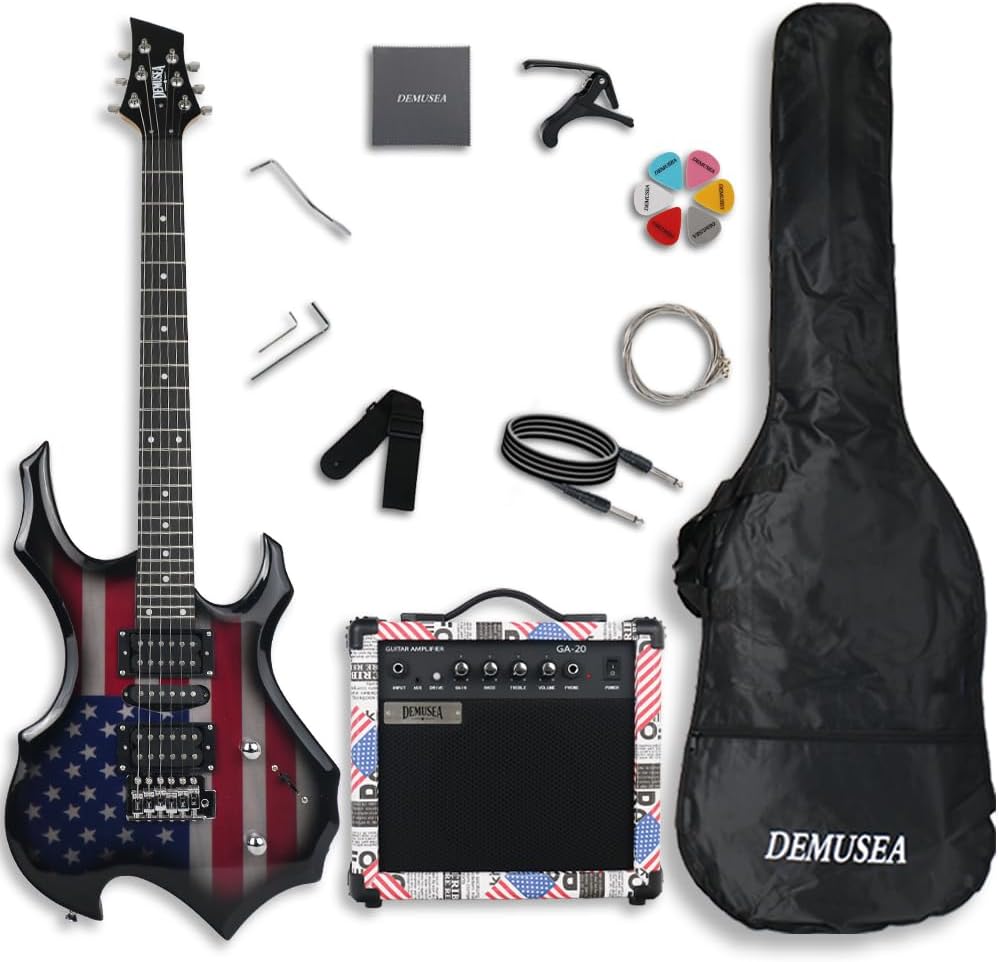 Electric Guitar And Amplifier Set Flag Color Guitar And 20W Amp Solid Body 24F Single Tremolo Bridge HSH Pickups For Beginner Or Starter Practice All Accessories As Free In (FIRE, Flag)