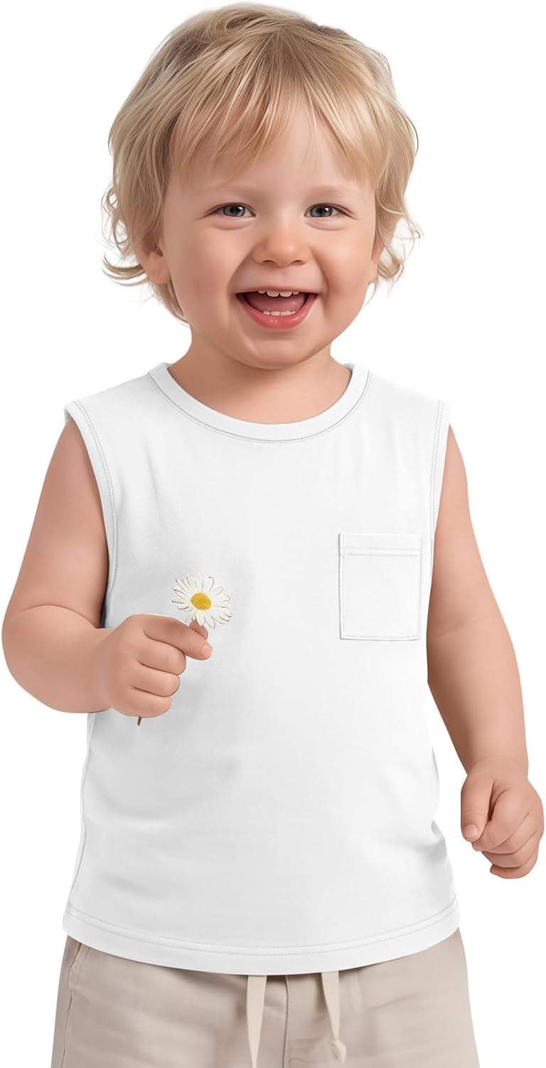 Toddler Baby Boys Tank Tops Sleeveless Undershirts T Shirts Pocket Crew Neck Summer Casual Clothes Plain Tees Kids