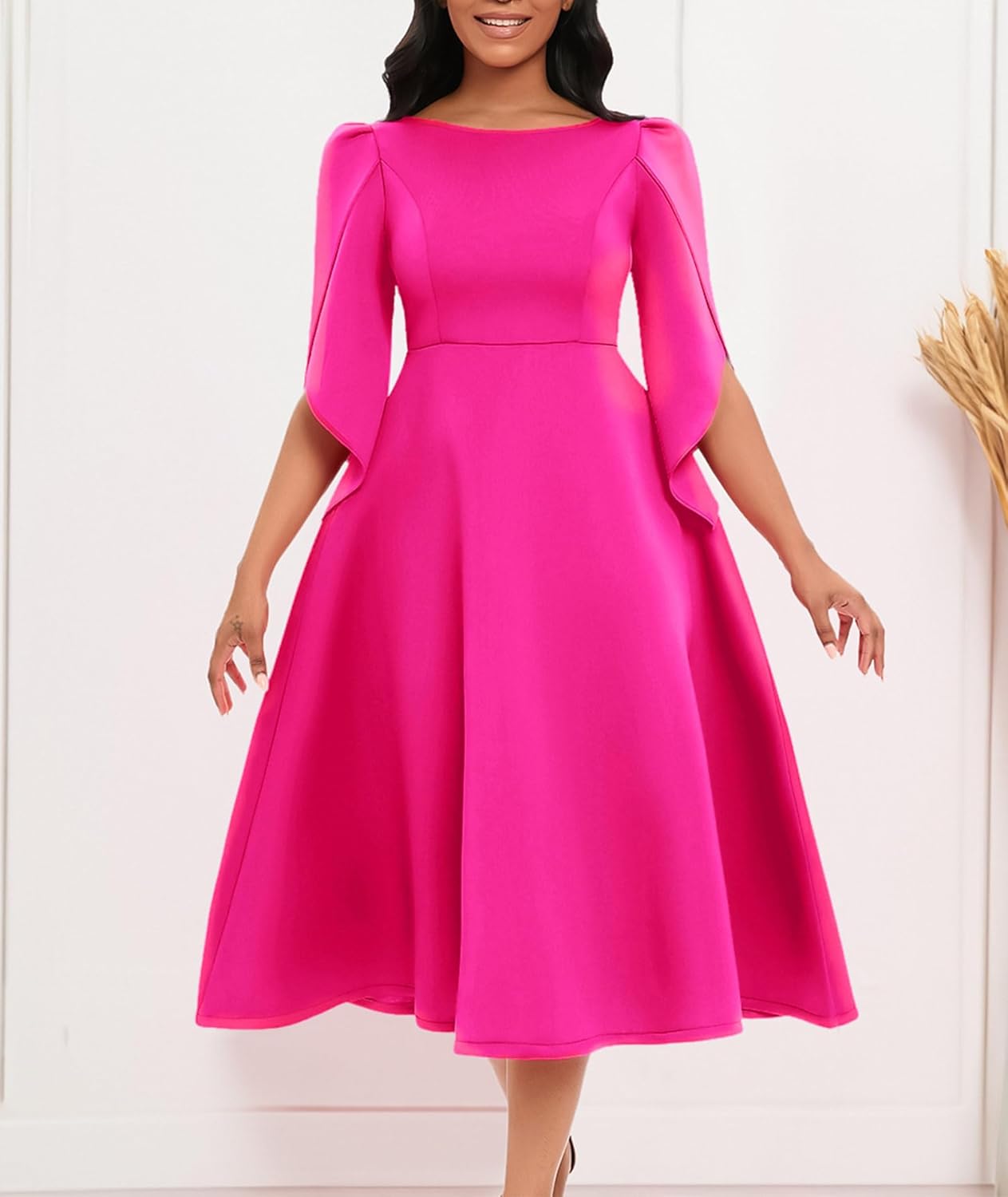 SOMTHRON Women's Elegant 3/4 Petal Sleeve Long Maxi Dress Crewneck A-Line Pleated Swing Formal Cocktail Party Dress - Image 3