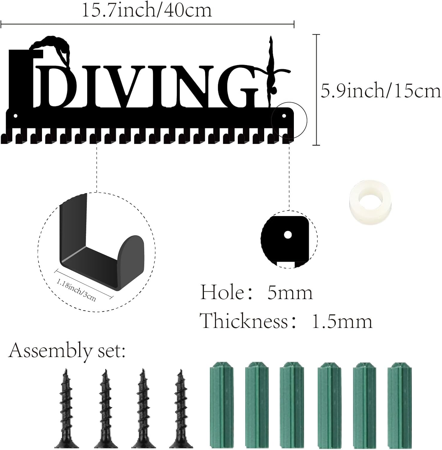 CREATCABIN Diving Sport Medal Holder Iron Medal Rack Wall Mounted 20+ Medals Awards Organizer 20 Separate Hooks Ribbons Hanging Display for Diving Athletes Competition Champion Gift 15.7x5.9in