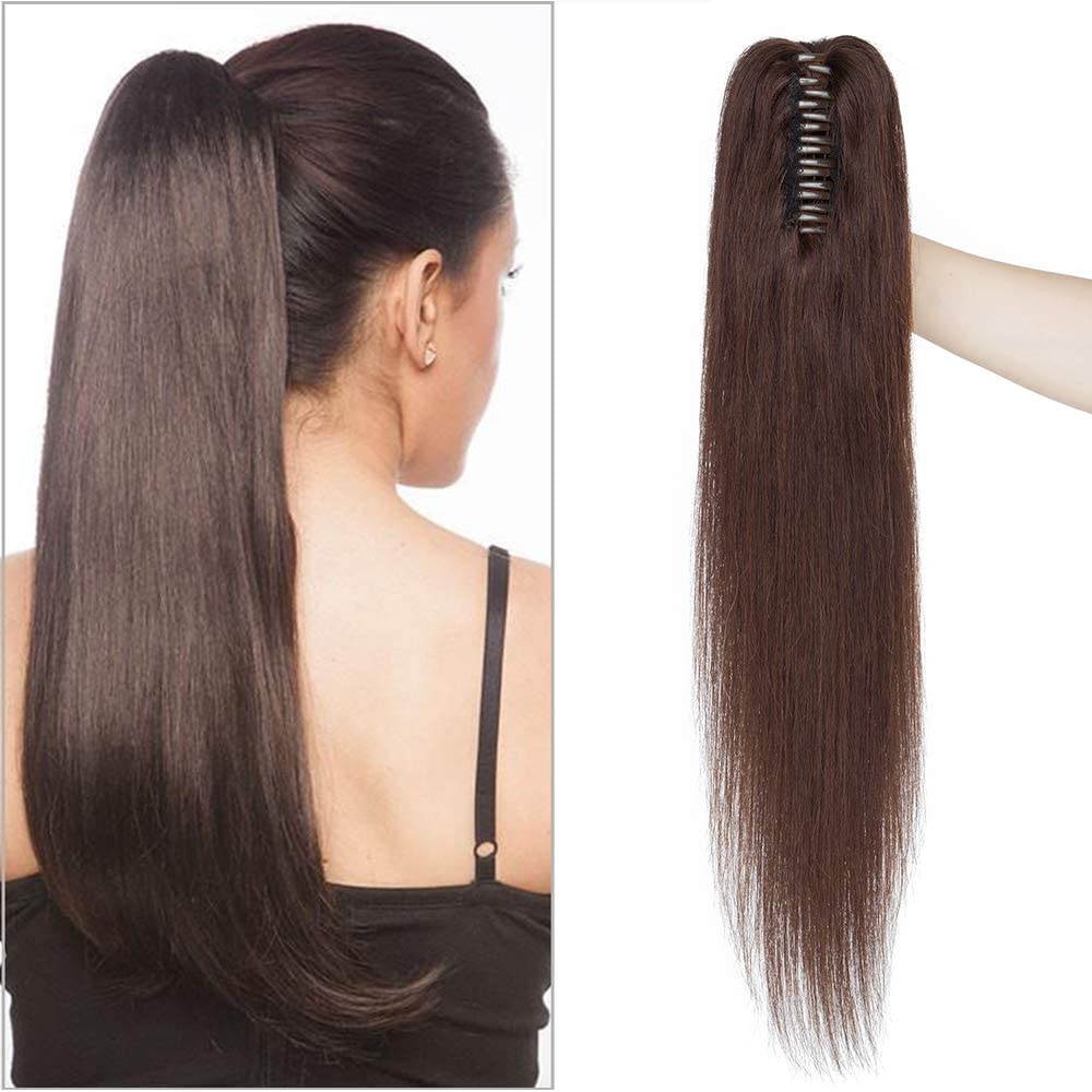 SEGO Extension Coda Capelli Veri Liscia Clip Pinza Cavallo Ponytail Naturale Remy Human Hair Umani 50cm Fascia Unica 120g - # Castano Scuro