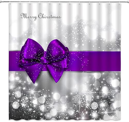 Miniatura 2 de YSATNSFT Cortina de ducha con texto en inglés "Merry Christmas", con lazo morado de satén, brillante, plateado, impreso, decoración de baño, incluye