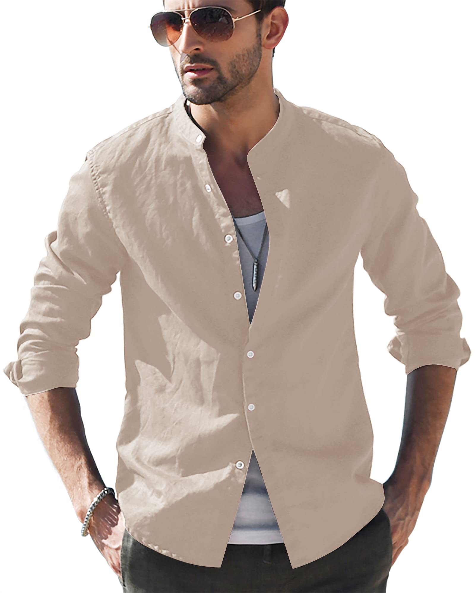 LVCBL Hemd Herren Langarm Henley Sommerhemd Herren Freizeithemd Leinenhemd Regular Fit Men Shirts
