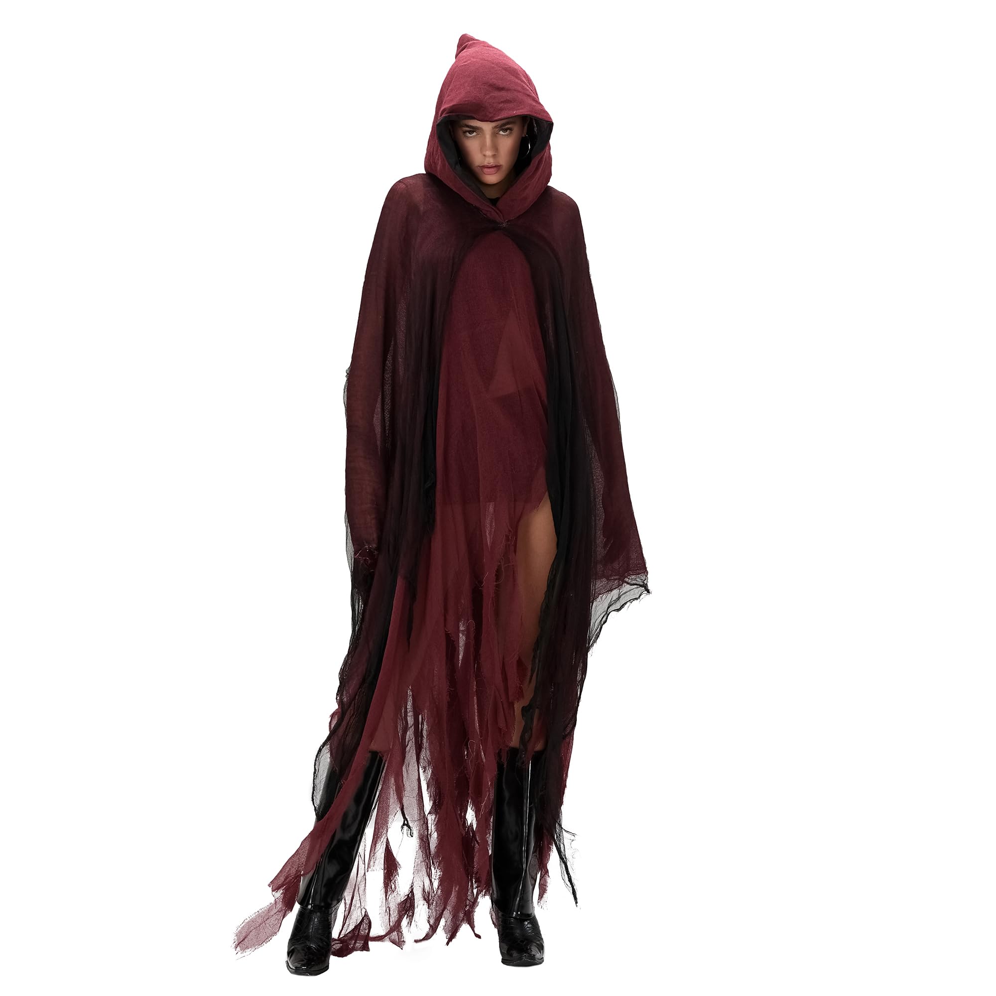 SANSIWU Women's Halloween Ripped Witch Cloak Adults Terrifying Reaper Ghost Cape Medieval Renaissance Scream Grim Cosplay Outfits (A-Red