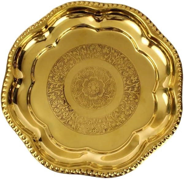 Decorative Brass Flower Plate Prasad Plate Katori for Indian Traditional Festival Laxmi Poojan Pooja Utensils Item Articles Housewarming (Size: 8 Inch Diameter) Patra (Katori) (Golden) by Aditri Creation - Used condition - Image 4